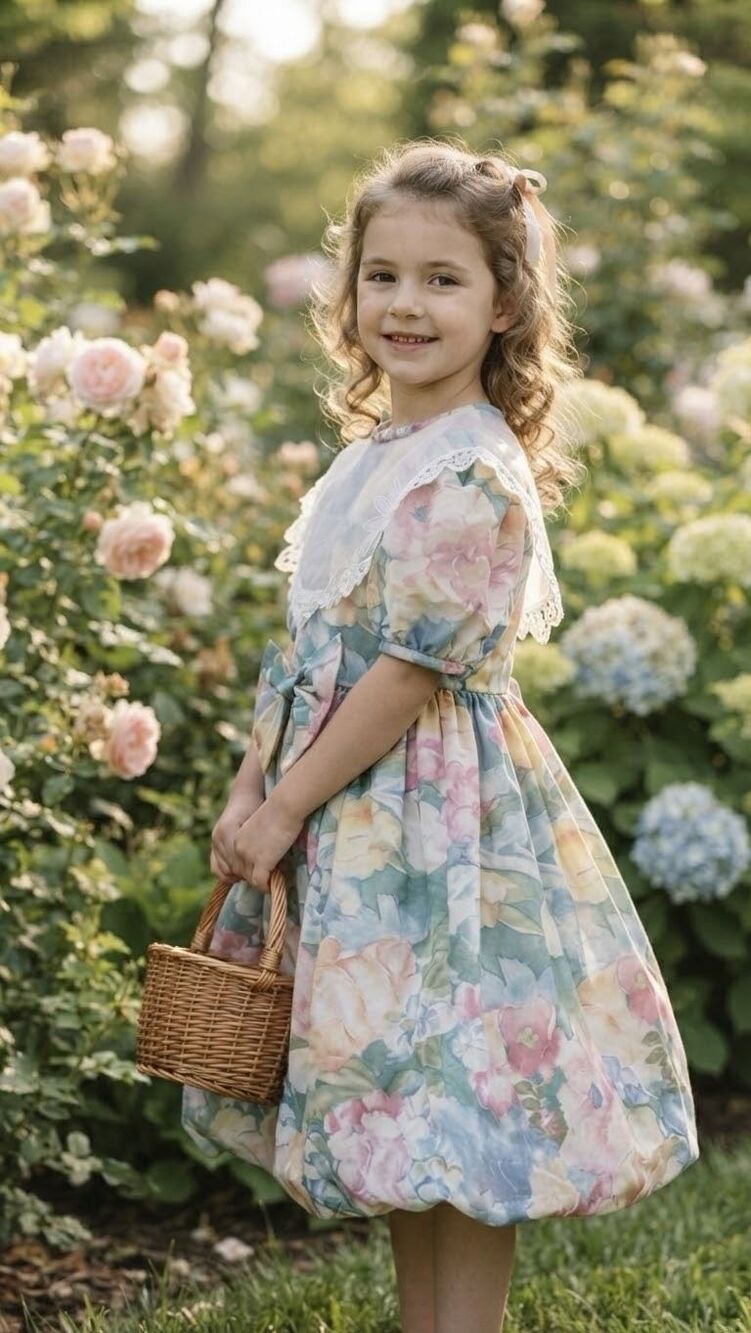 Vintage Dorissa Pastel Floral Puff Sleeve Dress Girl Size 6 Lace Collar Bow 80’s